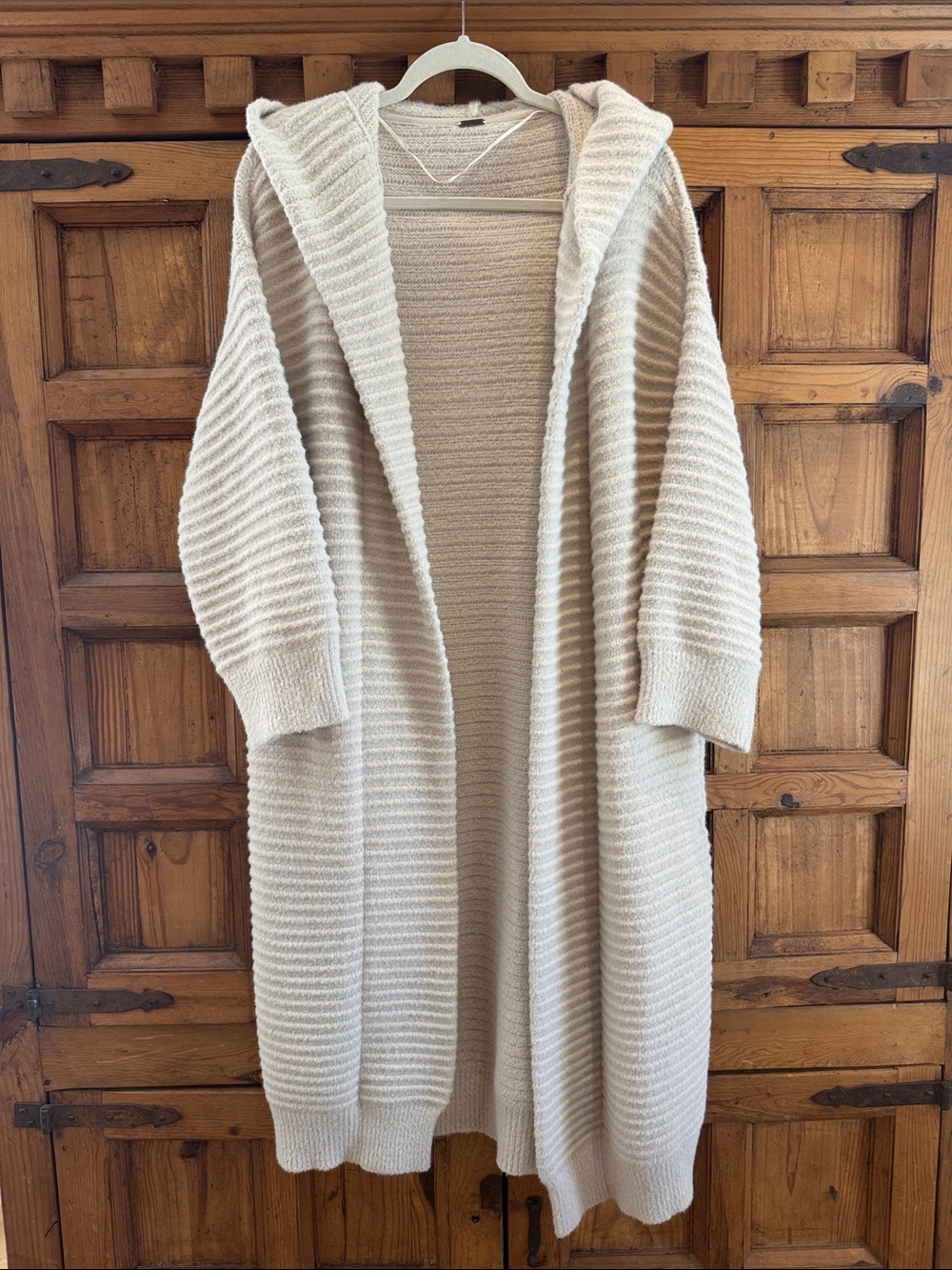 Free People Cream Hooded Longline Ribbed Cardigan